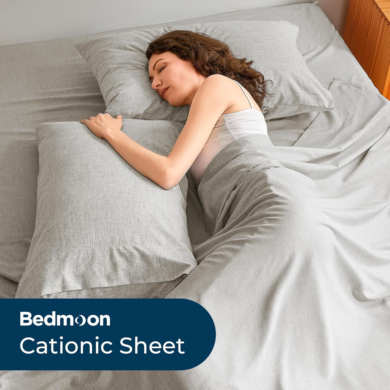 Linen Look Queen Sheets, Cotton Like Soft Cationic Sheets, Luxury Deep Pockets Bedding Set with Elastic Corner Straps, Light Grey