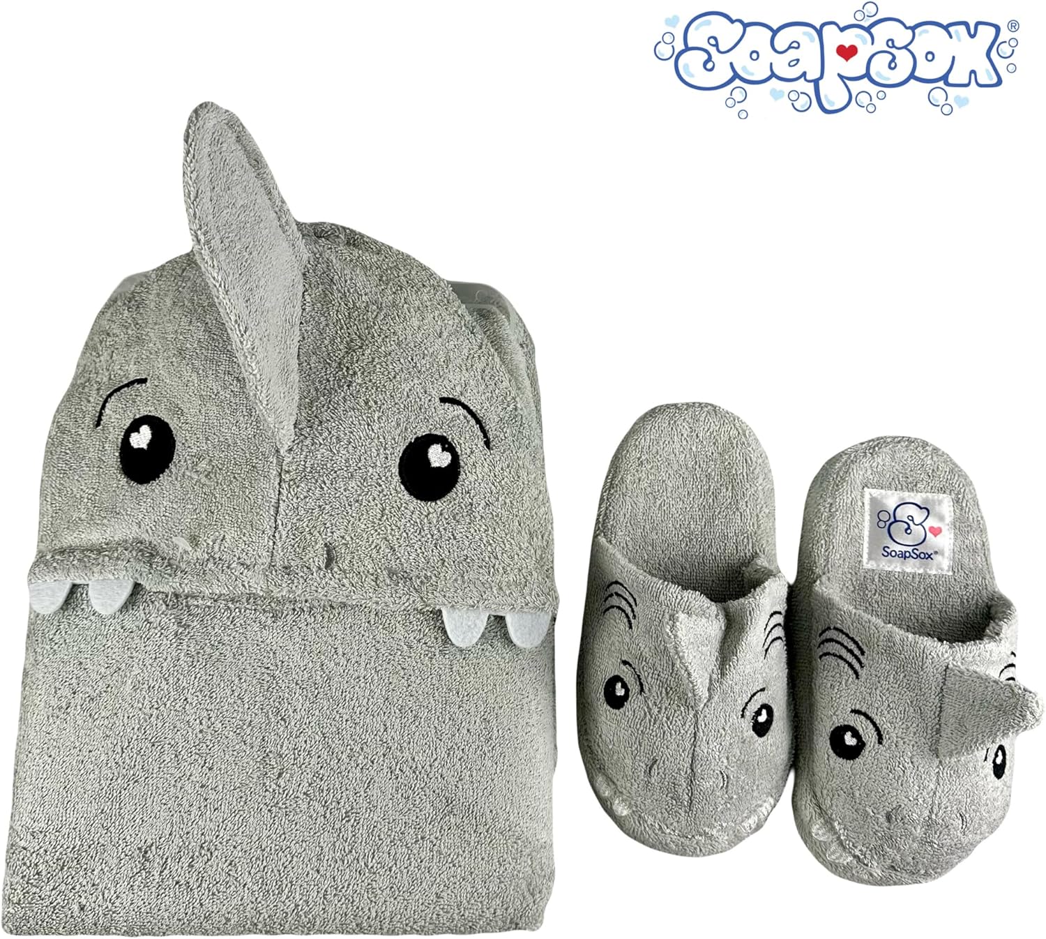 SoapSox Hooded Towel & Slipper Set for Kids – Soft Cotton Towel w/Hand Pockets + Matching Slippers – 27x45” Gift Set