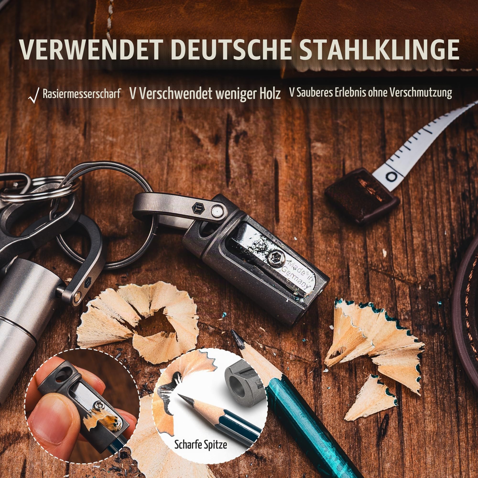 KeyUnity Sharpener aus Titanlegierung Handlich, Deutsche Stahlklinge, Einzelloch Anspitzer - für Camping Feuermachen, Holzformen, Schule, Büro, Kunstzeichnen & Outdoor Einsatz(Steingewaschen)