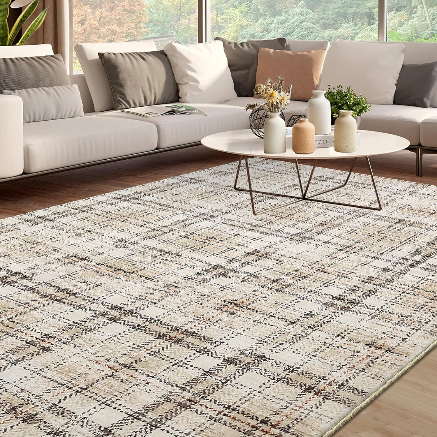 LUXLOOM Modern Plaid Washable Rug 10x13 Area Rug for Living
