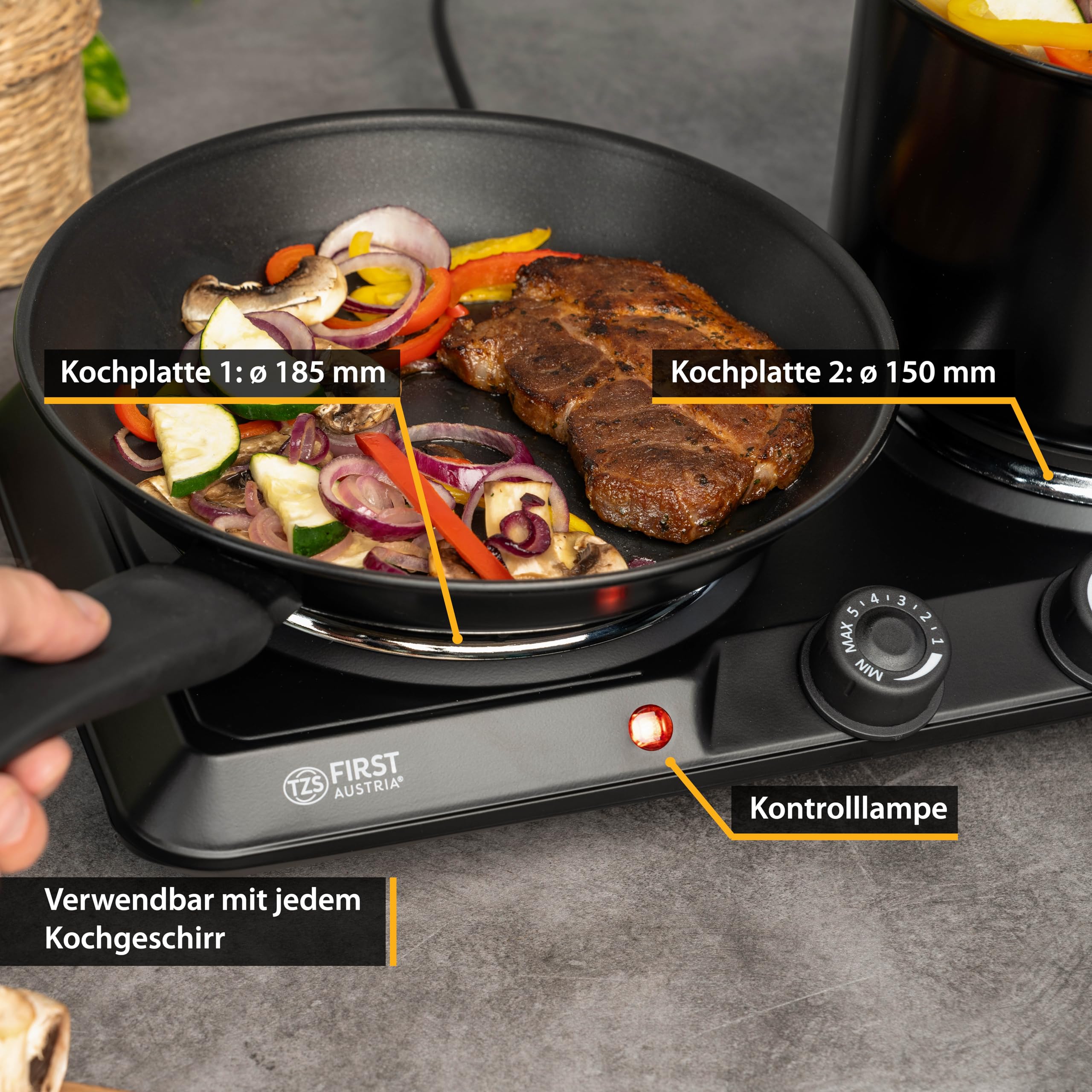 TZS First Austria - Doppelkochplatte 2500W - Gusseisen-Kochfelder 180 & 150 mm - Stufenlose Thermostatsteuerung - Mobile Herdplatte für Camping & Küche - Schwarz