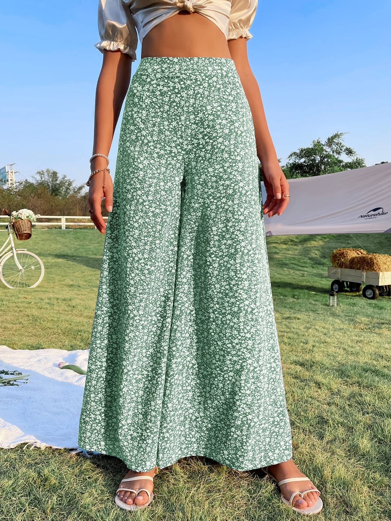 AVIMYA Womens Casual Pants Floral Print High Waist Wide Leg Pants for Work
