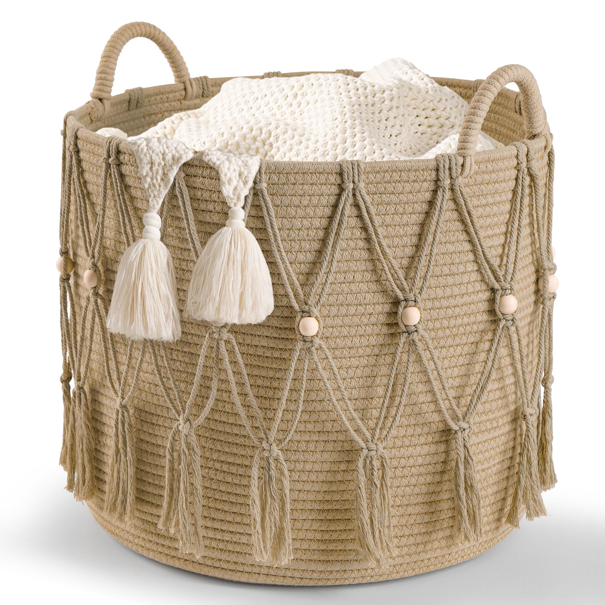 Blanket Basket for Living Room Decor Storage Basket for Toy Organizer Boho Decor Baskets for Modern Farmhouse Decor Small Laundry Basket for Bedroom and Laundry Room Organization,Beige