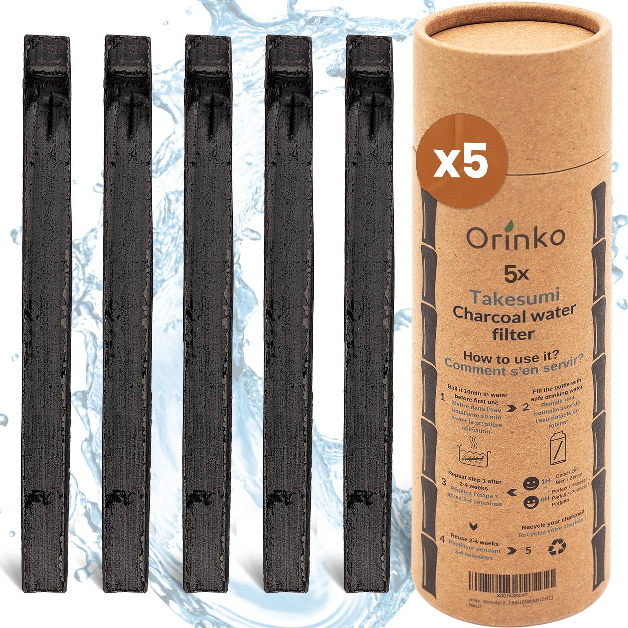ORINKO® Charcoal Water Filter Sticks x5 – Natural Takesumi Activated Carbon for Water Purification – Sustainable Binchotan Bamboo Filter Kit for Pitchers & Tap Water
