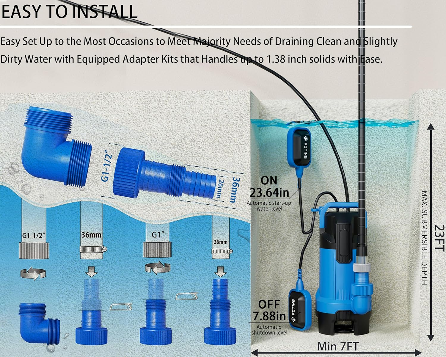 FOTING Sump Pump with 100FT Pool Backwash Hose 1-1/2 lN, 1.5Hp clean/Dirty submersible Water Pump, 6300GPH Utility Pump