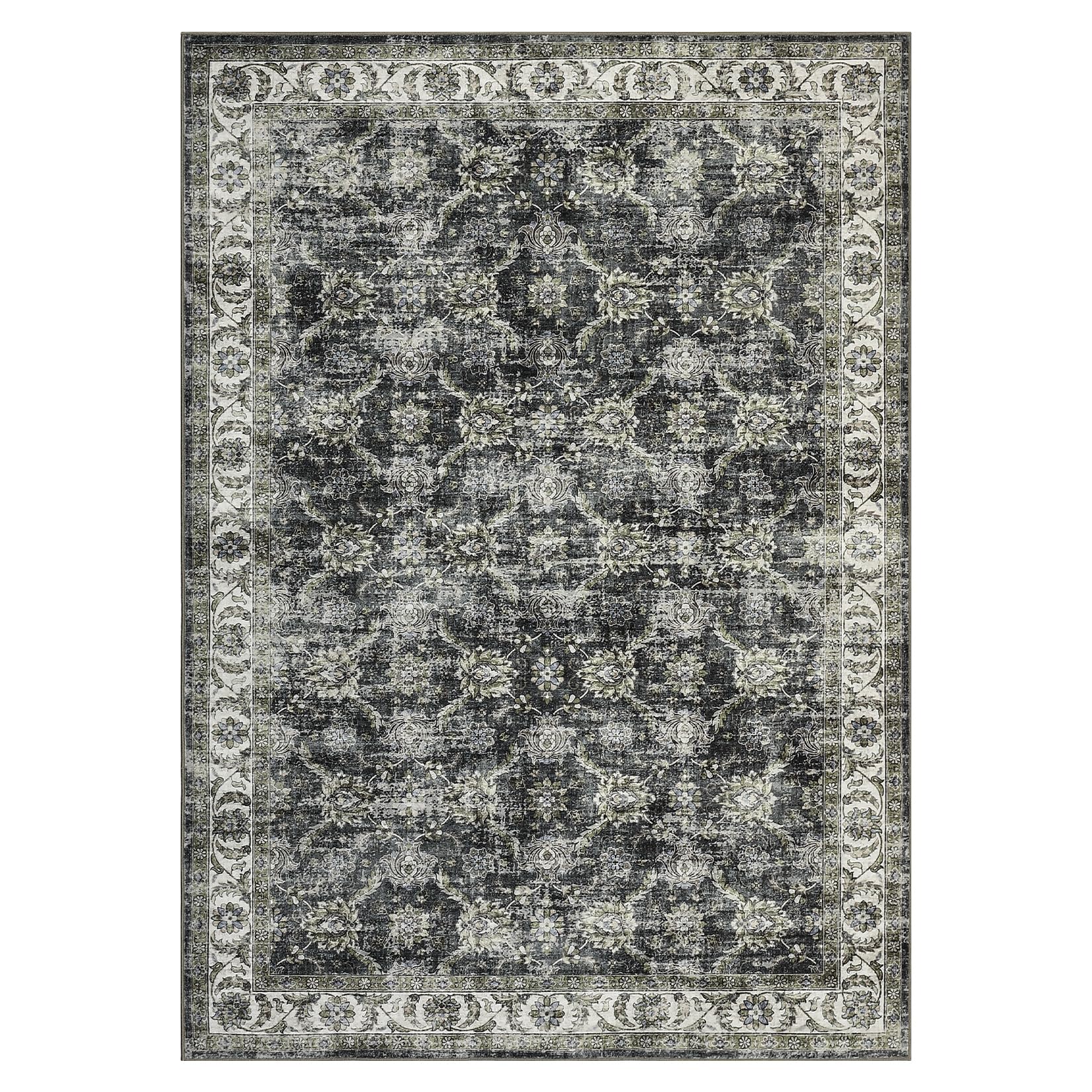 Tapis Salon Vintage Persan Lavable, Polyester Doux Ras (350 g/M²), Antidérapant TPR, Pliable, Chambre/Couloir/Cuisine