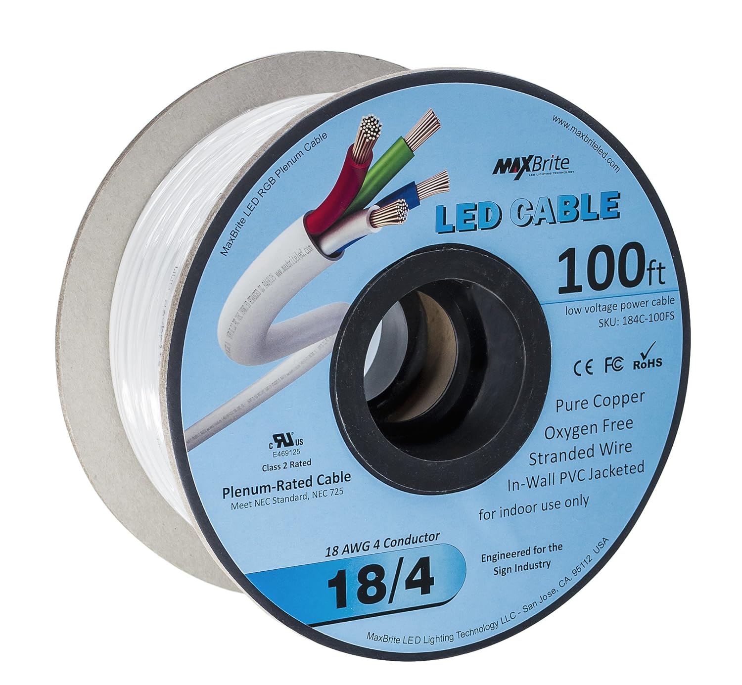 LED Cable 4 Conductor Jacketed In-Wall Speaker Wire UL/cUL Class 2 (100ft. Spool)