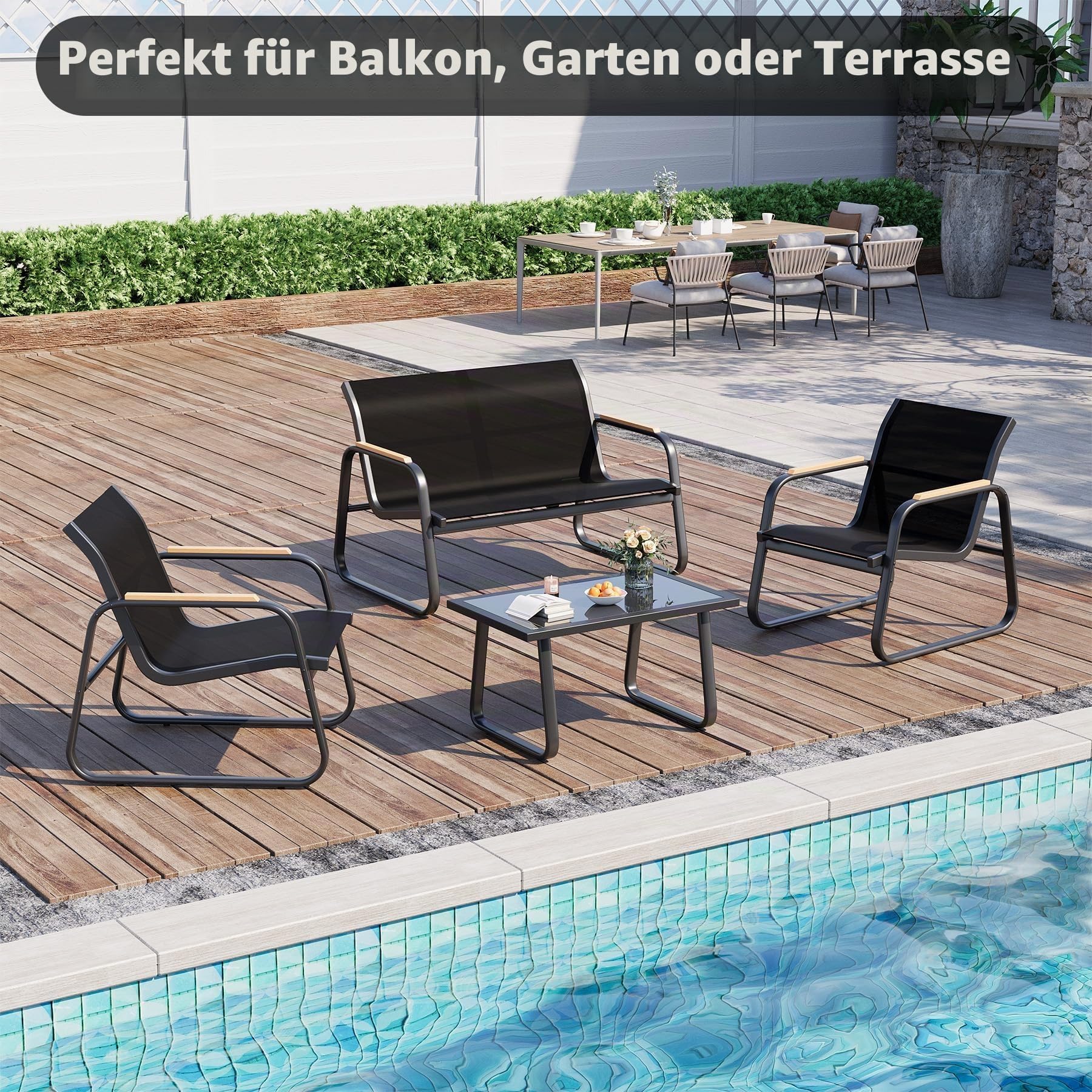 4 Teiliges Outdoor Gartenmöbel Set, Sofa, 2 Sessel & Glastisch Langlebig | Aus Stahl ,Wetterfestes Von Balkonmöbel,Für Garten, Balkon Oder Terrasse,Einfache Montage