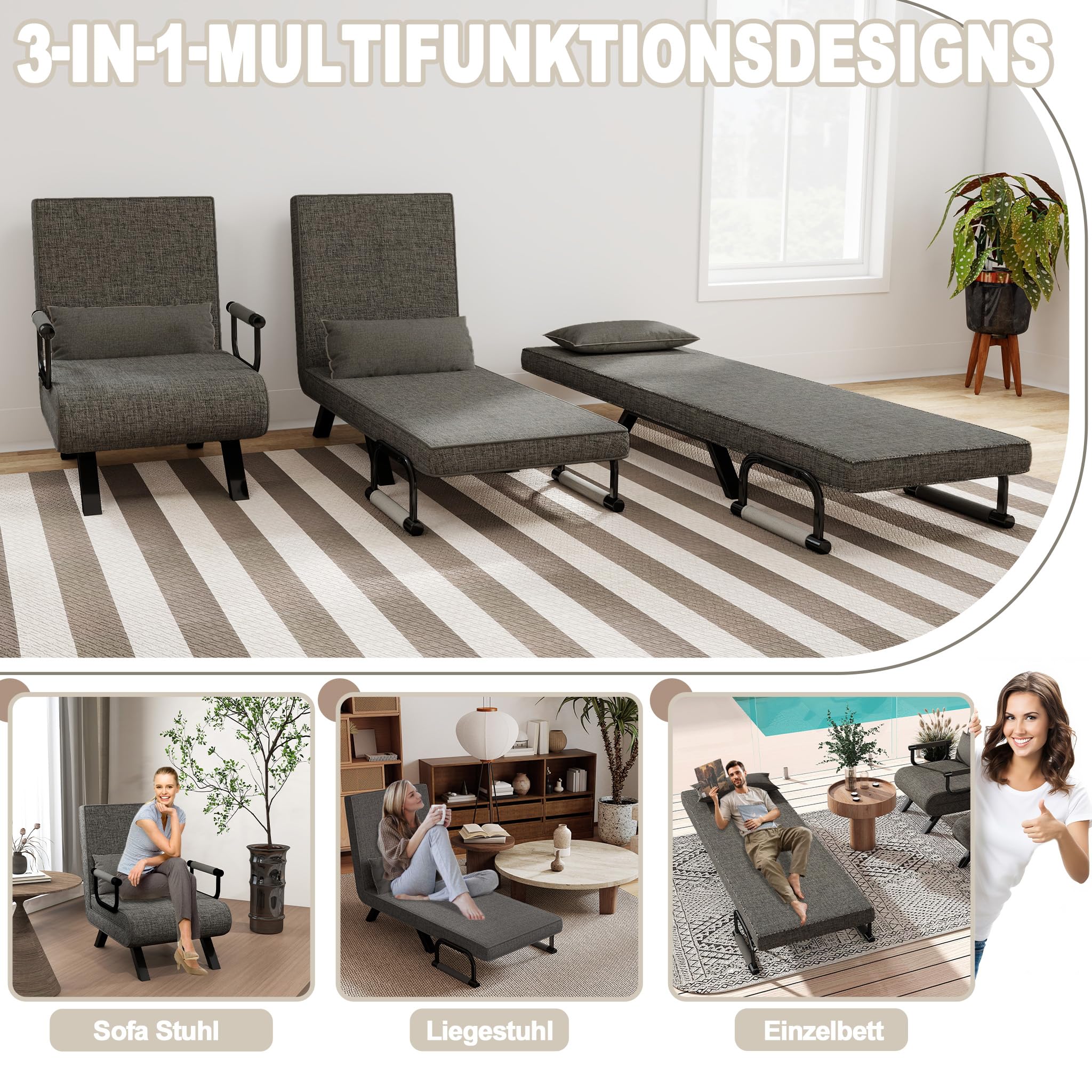 UISEBRT Divano letto 3 in 1, grigio scuro, letto per gli ospiti, pieghevole, con funzione letto, per soggiorno, camera da letto, balcone, portata fino a 150 kg