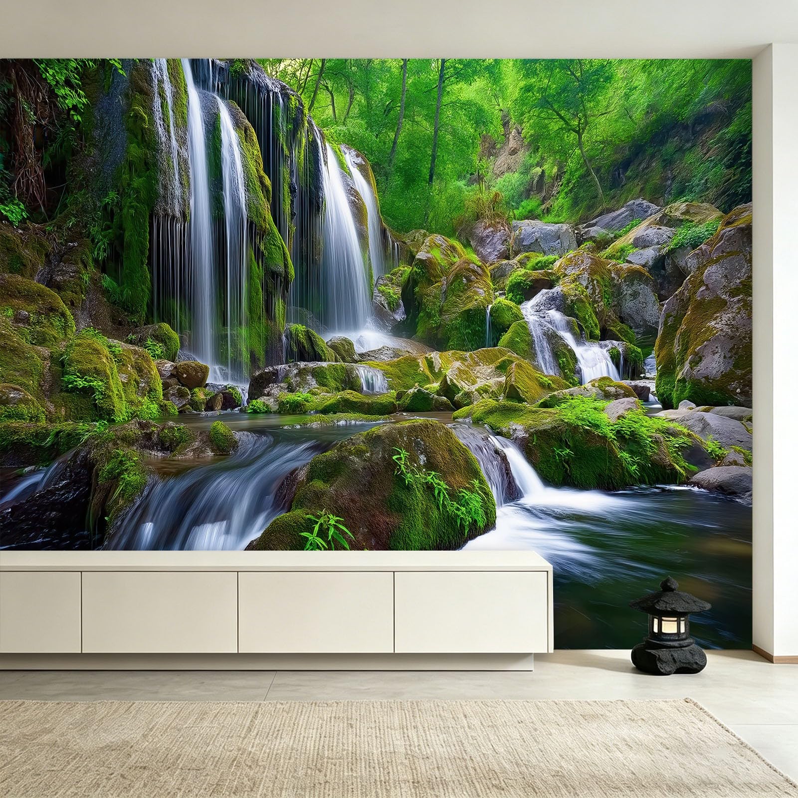 Fotografia natura wzór 200 x 140 cm tapeta fototapeta tapeta flizelinowa tapeta tatuaż ścienny, omszona dżungla wzór wodospadu - do salonu, sypialni, łazienki i kuchni