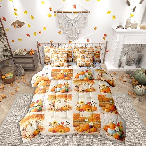 Thanksgiving Pumpkin Bed in a Bag Queen Comforter Set 7 Piece, Geometric Lattice