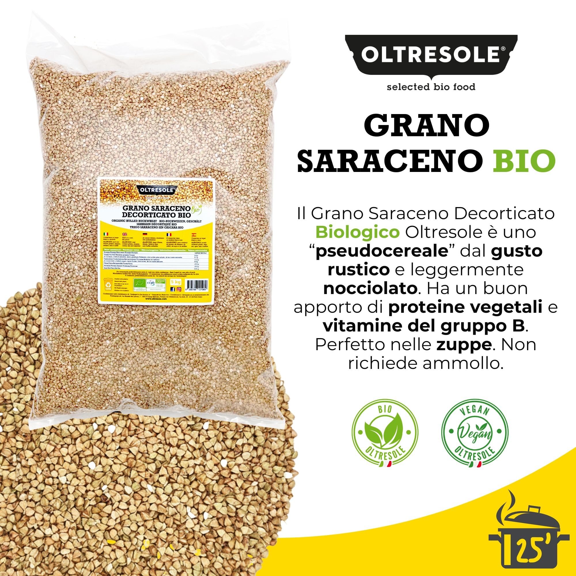 Oltresole, Sarrasin Décortique Biologique 5 Kg, Grain Brut Non Traité Thermiquement, provenant de l'Agriculture Biologique, Convenience Size