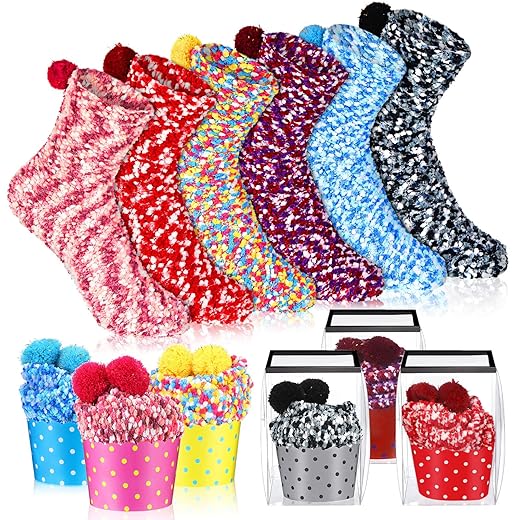 Hicarer 6 Pairs Cupcake Socks Gifts DIY Fuzzy Fluffy Socks for Women Winter Warm Socks for Women Girl Valentine Gifts (Assorted Colors)