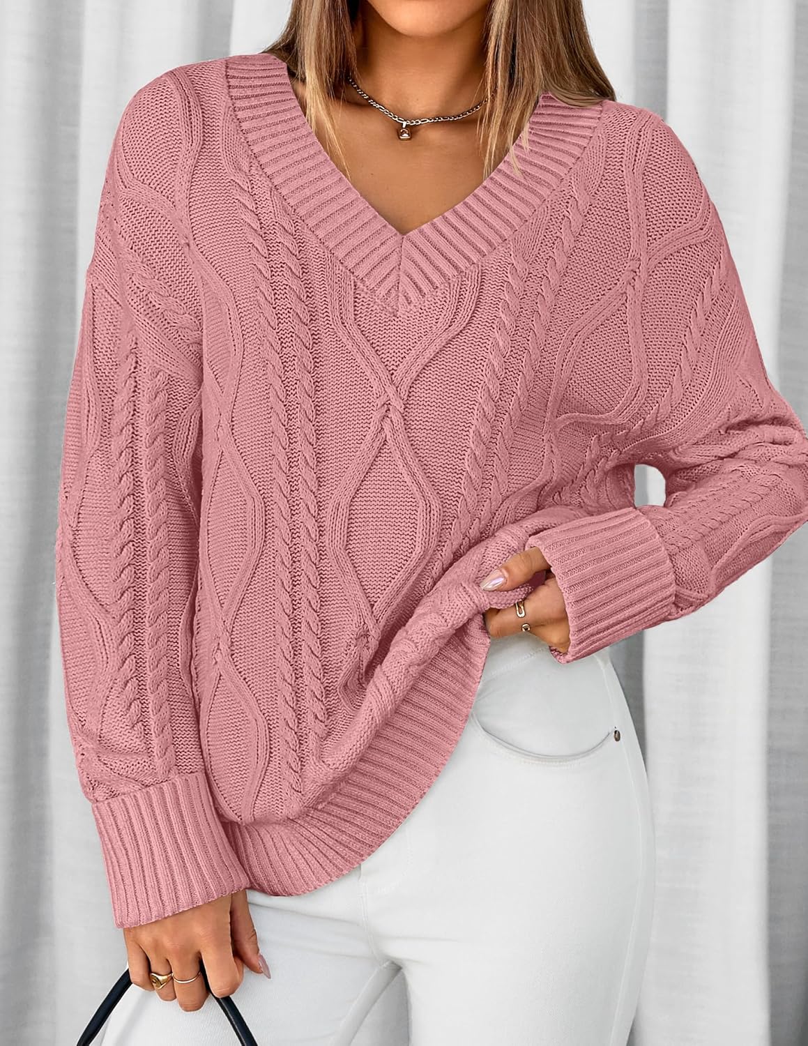 ZESICA Women's Spring Oversized Sweaters 2026 Casual Long Sleeve V Neck Cable Knit Trendy Pullover Tops - Image 2