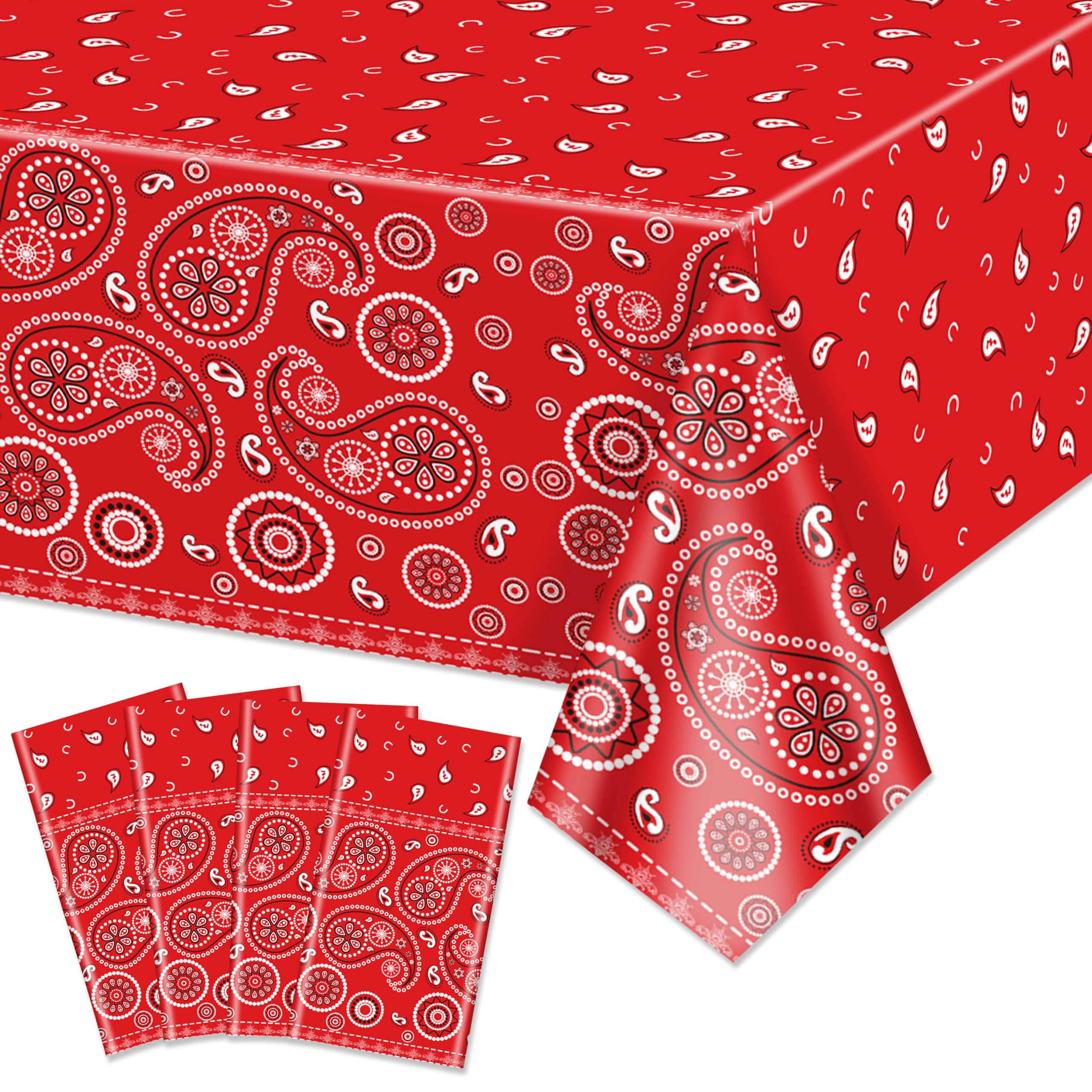 Hegbolke 4 Pack Western Party Tablecloths Paisley Bandana Table Cover Floral Disposable Plastic Rectangle Tablecloth for Western Themed Party Decorations, 51 x 86 Inch