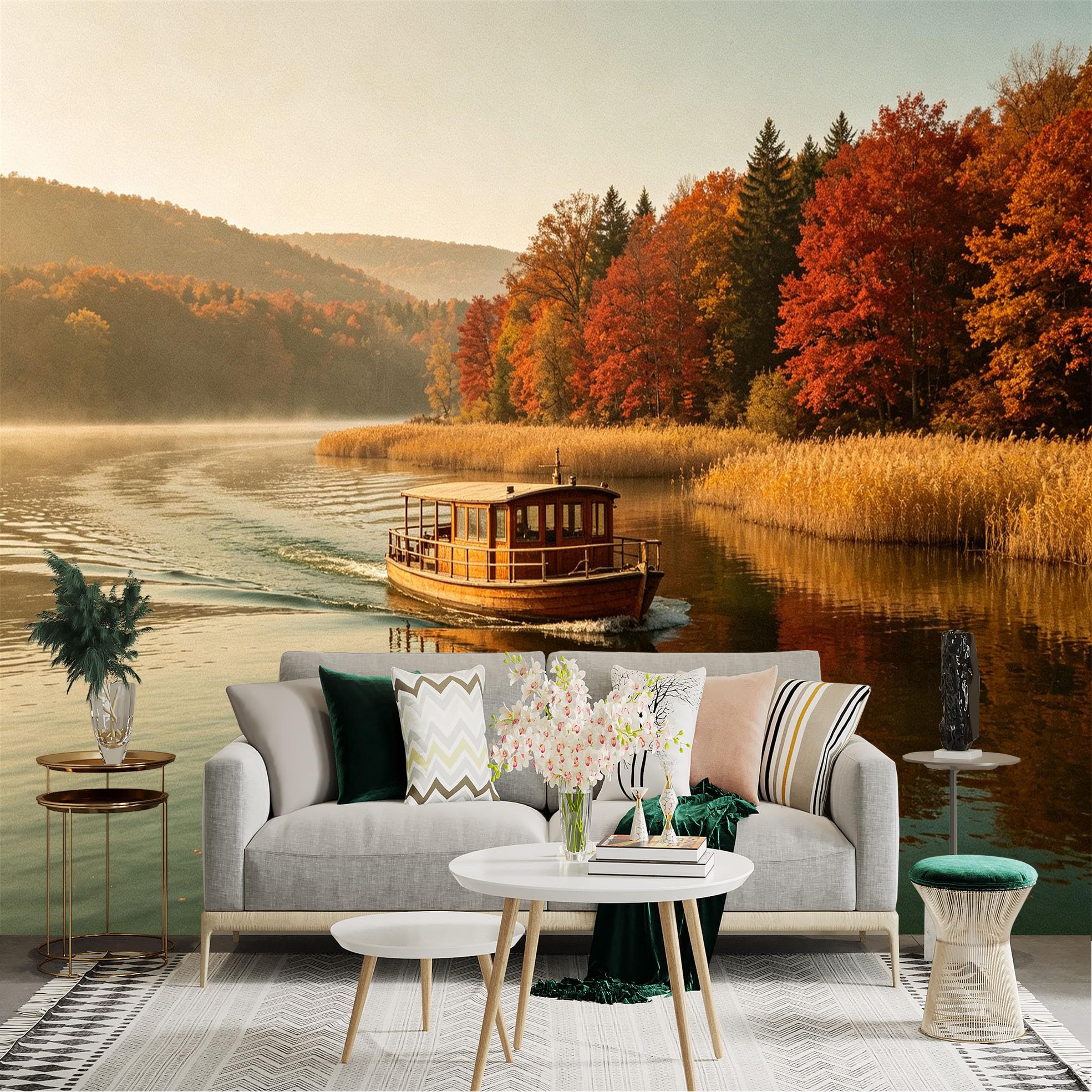 Custom Size Wall Sticker Mural， Wooden Boat on Calm Lake， Autumn Forest Landscape， Misty Morning Scenery， Golden Fall Trees， for wall Decoration， peelandstick wall Decals.