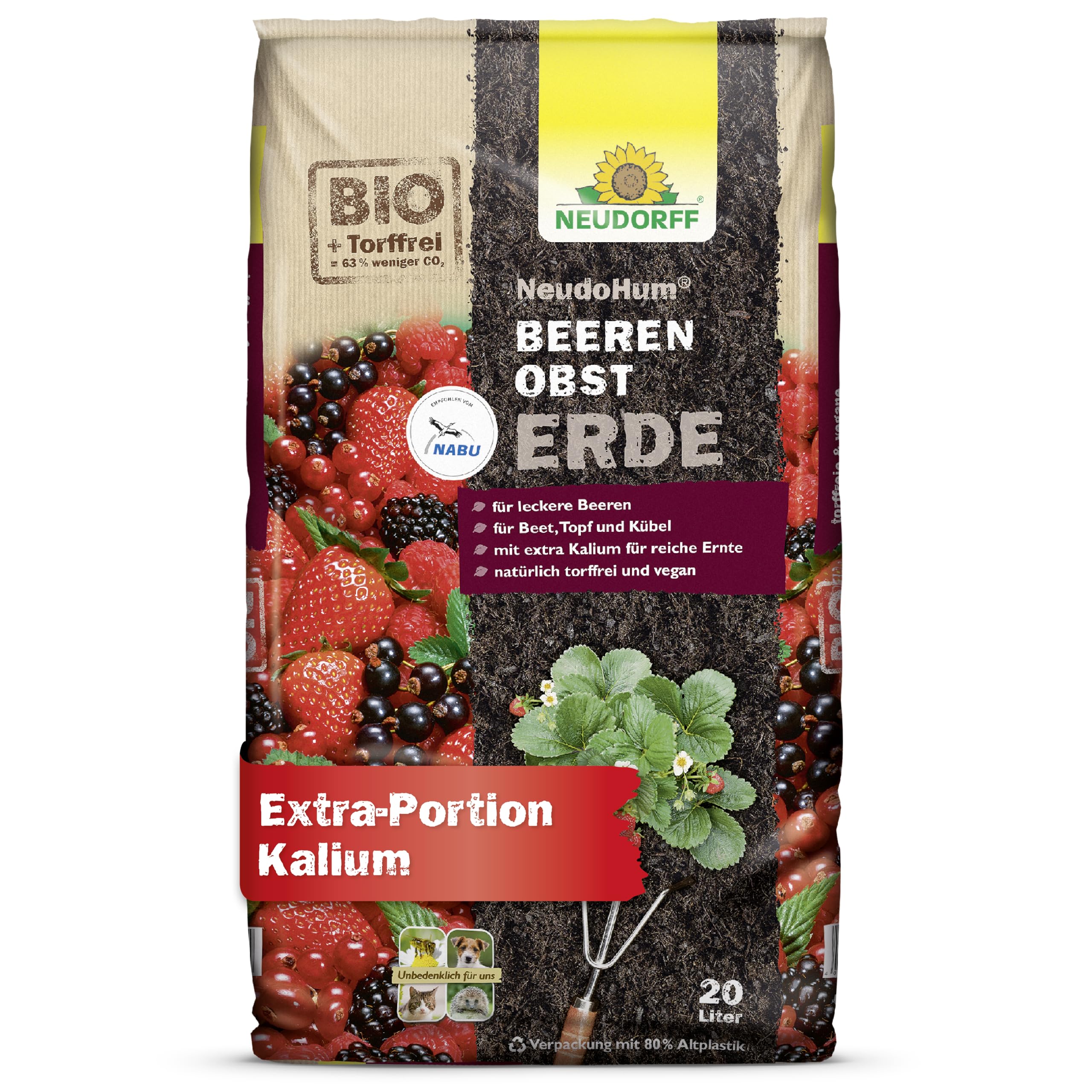 Neudorff NeudoHum BeerenobstErde 20 L - Bio Beerenerde mit extra Kalium - Erdbeererde für eine reiche Ernte mit leckeren Beeren im Beet, Topf und Kübel - 100% vegan