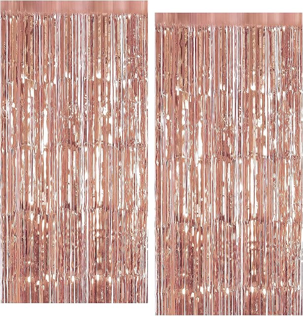 2PCS Tinsel Foil Fringe Curtains Rose Gold Metallic Shimmer Curtain Backdrop Foil Streamers Party Decorations Fringe Streamers Tinsel Curtains foil curtain For Christmas Birthday Party Wedding Door