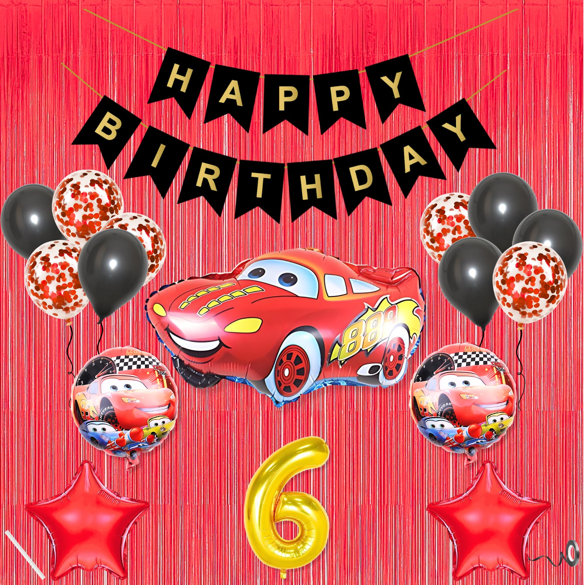 6th car theme happy birthday banner decoration black for 6 year old baby boys girls kids 5 pc lightning macqueen theme 10 pc confetti balloons foil curtain kit combo set items 2 pc red star