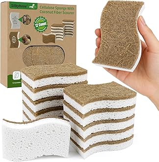 12 Pack Natural Kitchen Sponges, Biodegradable & Compostable | Non-Scratch Cellulose Coconut Fiber Sponges for Dishes, Pots & Pans | Eco-Friendly Cleaning Sponge