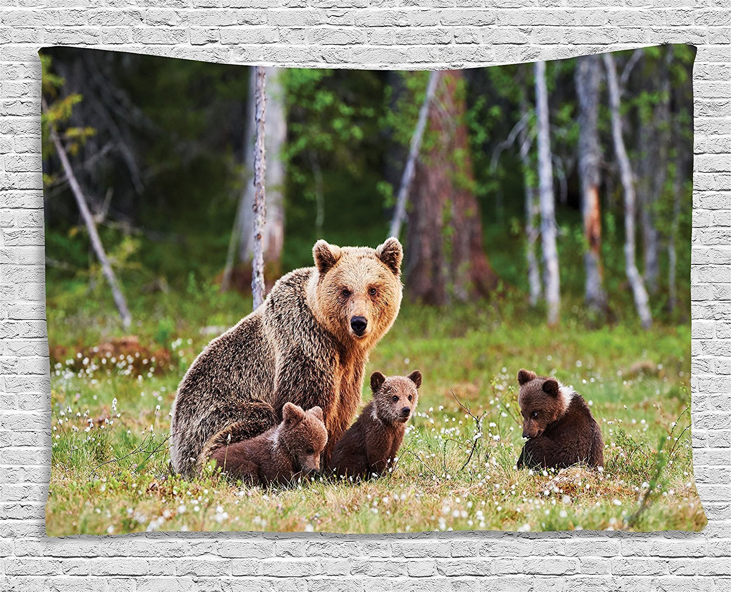 Ambesonne Nature Tapestry, Wild Mother Grizzly Bear Protecting Her Babies in Forest Jungle Animal Print, Wide Wall Hanging for Bedroom Living Room