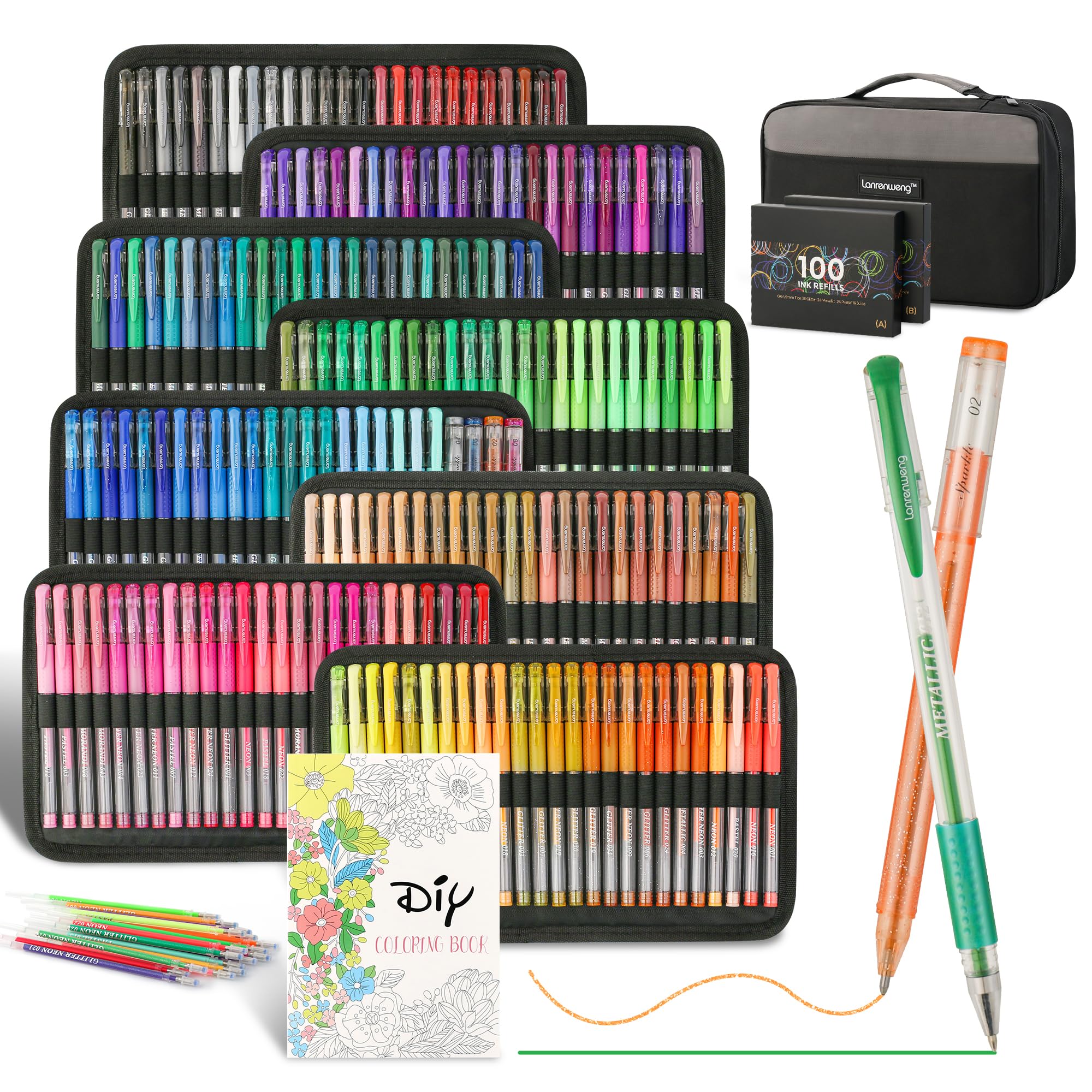 LANRENWENG 400 Pack Gel Pens for Adult Coloring Books, 200 Colored Gel Pen Include 200 Refills with 40% More Ink,Glitter Gel Pens Set for Coloring