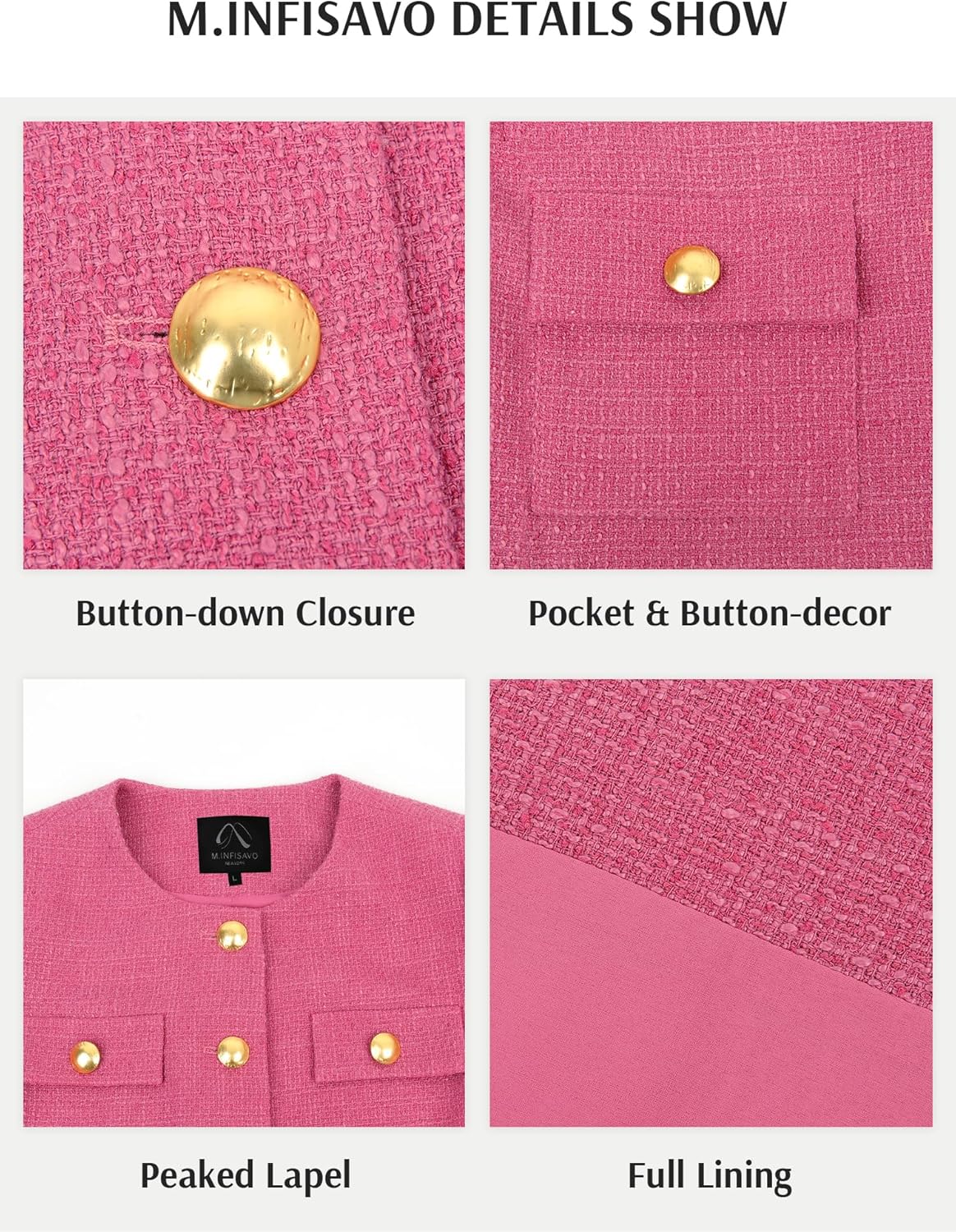 M.Infisavo 2026 Women Tweed Jacket Cropped Blazers Spring Elegant Round Neck Pockets Business Casual Outfit - Image 4