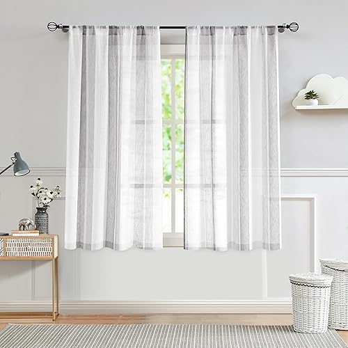 Central Park Sheer Gray and White Stripe Farmhouse Curtains Boucle Linen Window Curtain Panel Pairs Yarn Dyed Woven 63 Inches Long for Living Room Bedroom 2 Pack Rod Pocket Rustic Living Panels