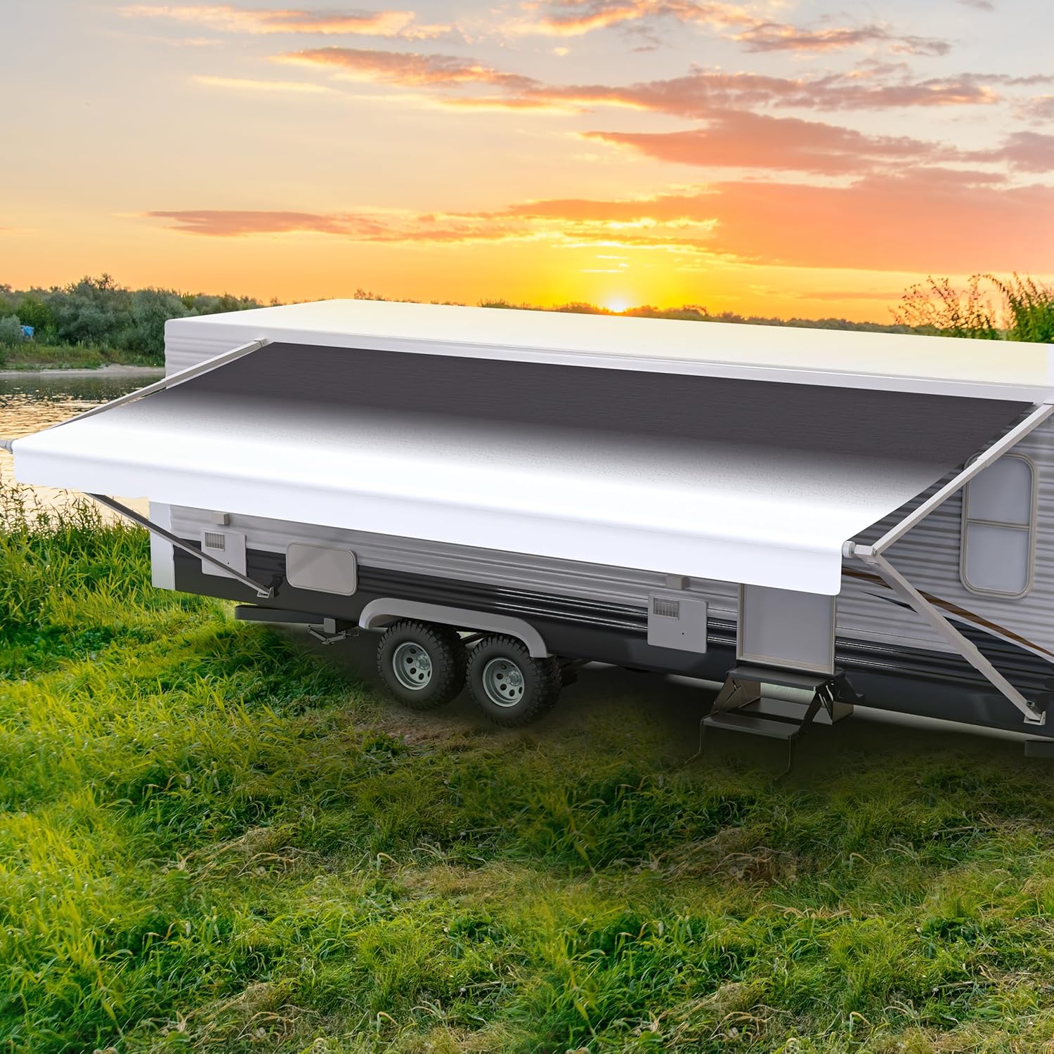 Shade Pro RV Awning Fabric Replacement | Durable Premium Grade Vinyl (16' [Fabric 15' 2"], Reverse Charcoal Fade) Camper Shade Awning Canopy