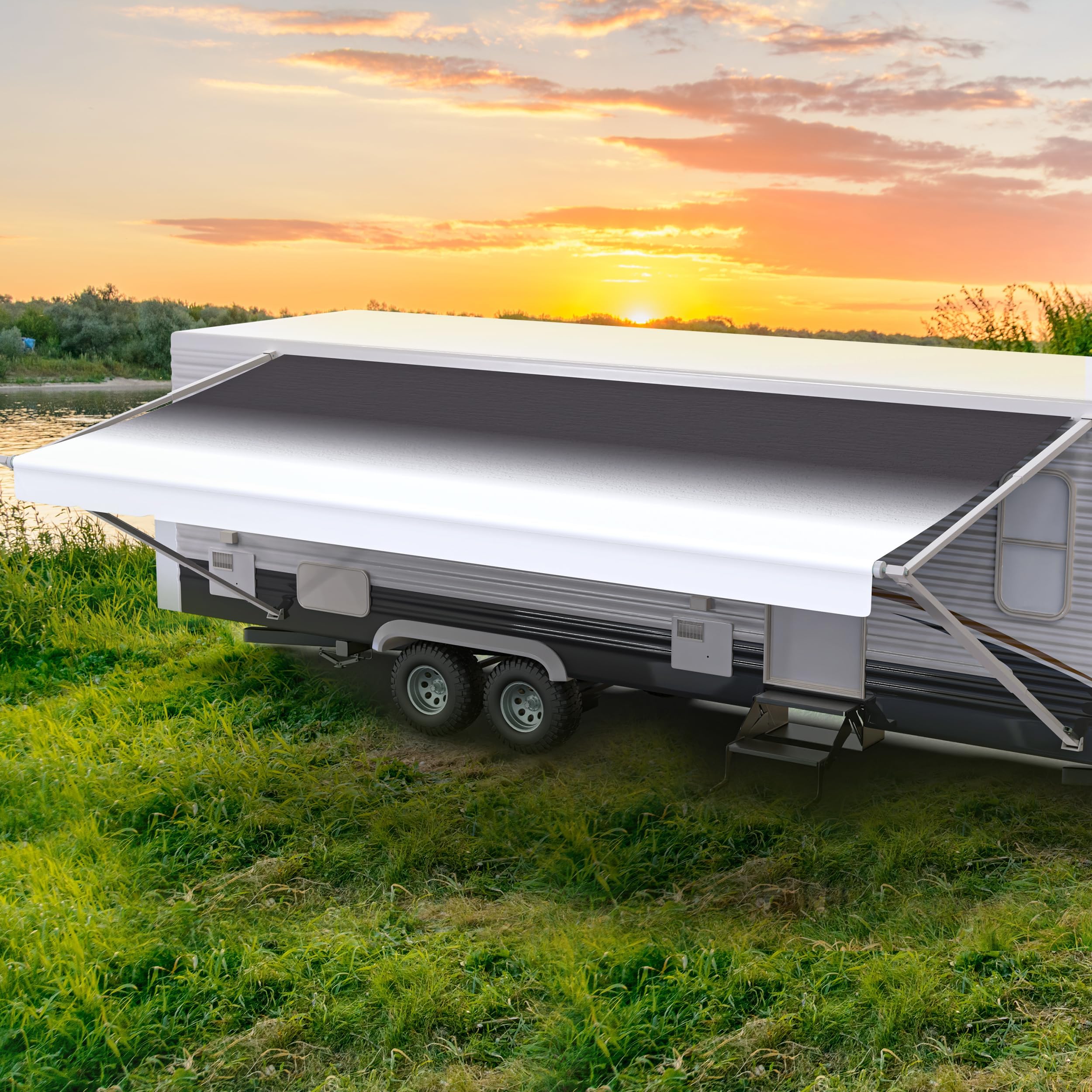 Shade Pro RV Awning Fabric Replacement | Durable Premium Grade Vinyl (16' [Fabric 15' 2"], Reverse Charcoal Fade) Camper Shade Awning Canopy