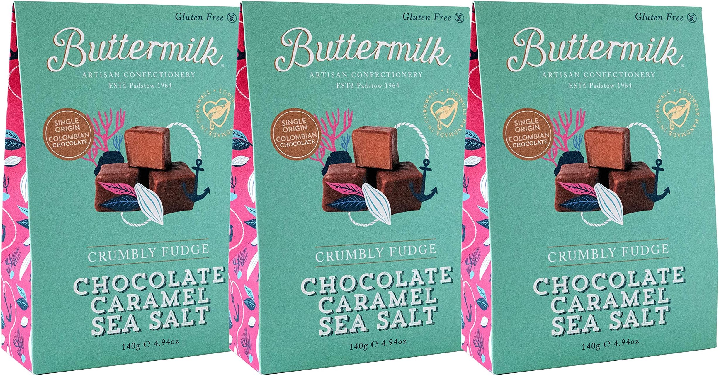 Buttermilk Chocolate Caramel Sea Salt Fudge (3 x 140g) - Gluten Free - Vegetarian - No Artificial Ingredients - Handmade in Britain