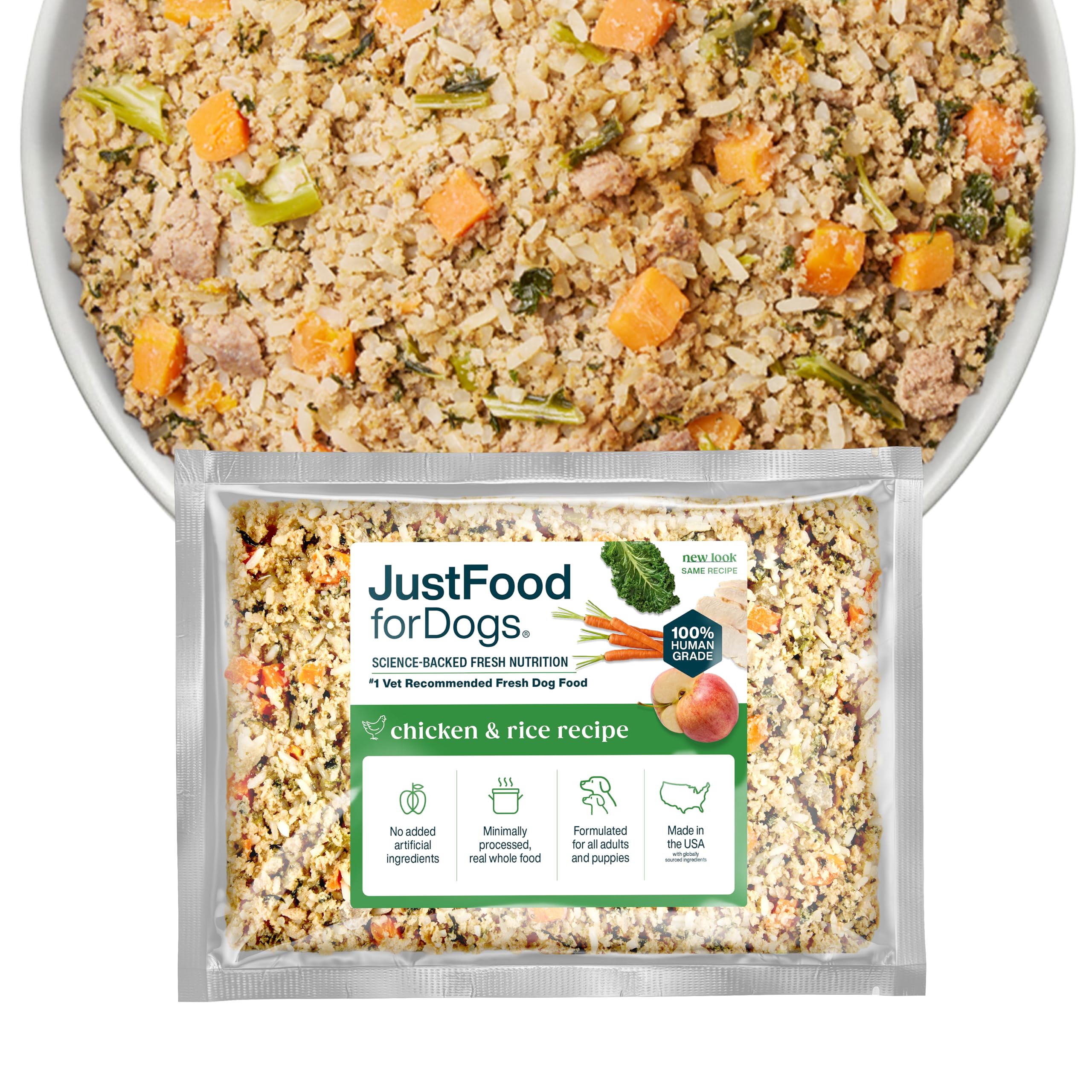 JustFoodForDogs Frozen Fresh Dog Food, Complete Meal or Dog Food Topper, Chicken & Rice Human Grade Dog Food Recipe, 18 oz (Pack of 21)