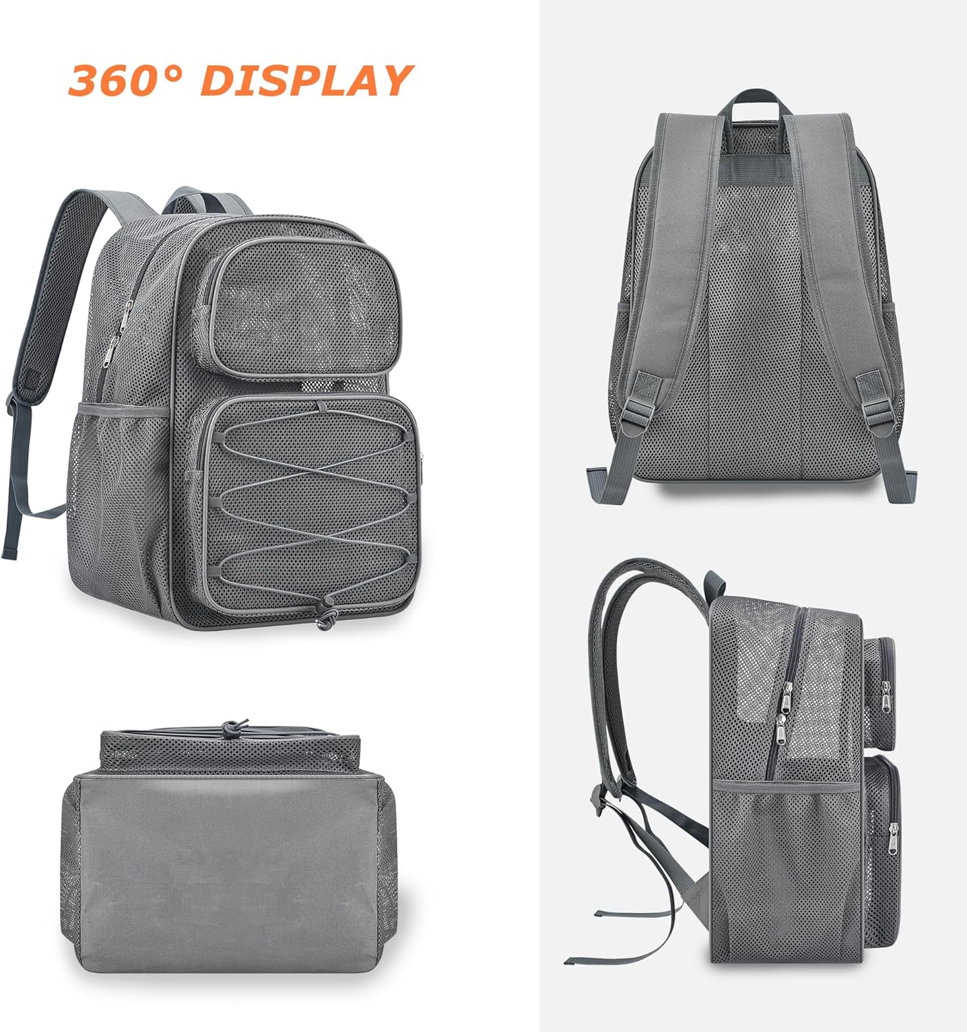 Mesh Backpack Heavy Duty See Through Mesh Bag with Paded Strap Large Capacity for Sports Hiking Travel Outdoor Beach, Grey