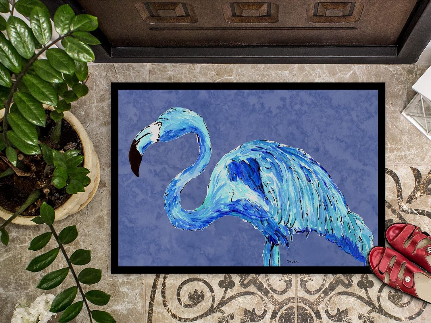 Caroline's Treasures 8873MAT Flamingo On Slate Blue Doormat 18x27 Front Door Mat Indoor Outdoor Rugs for Entryway, Non Slip Washable Low Pile, 18H X 27W