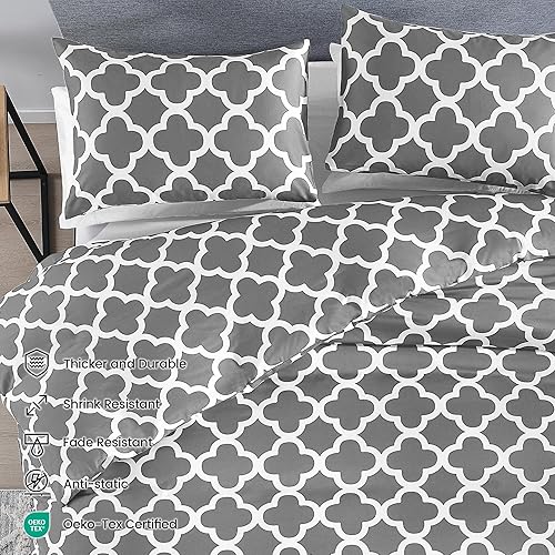 Miniatura 3 de Rosecret Juego de funda de edredón 100% bambú tamaño King, juego de cama geométrico de bambú gris plateado, lujosamente suave y refrescante, 1 funda