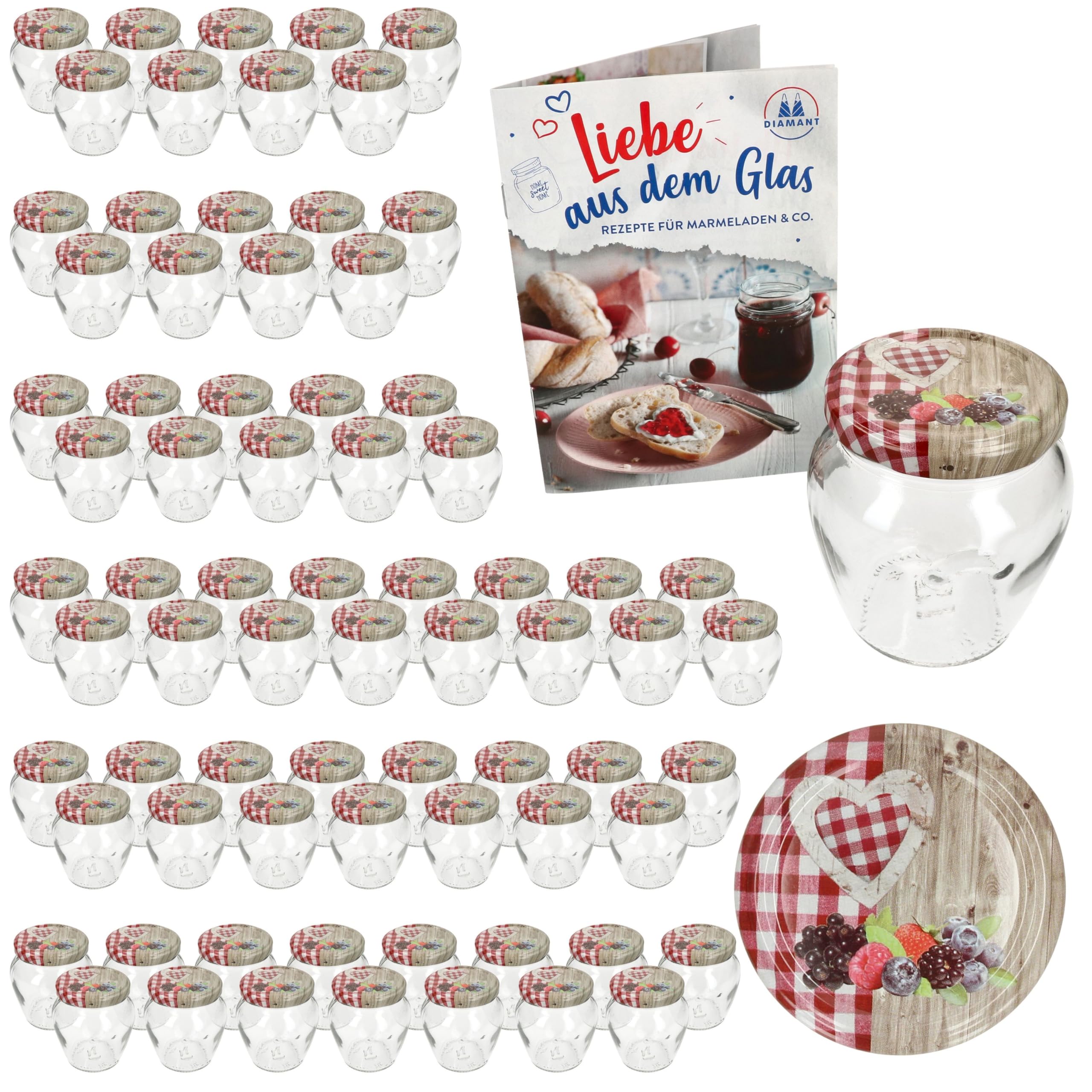 MamboCat Marmeladengläser Orcio 75er Set mit Deckel Holz-Herz Rot Beeren | 212 ml | Einmachglas TO 63 | Einkochen & Aufbewahren