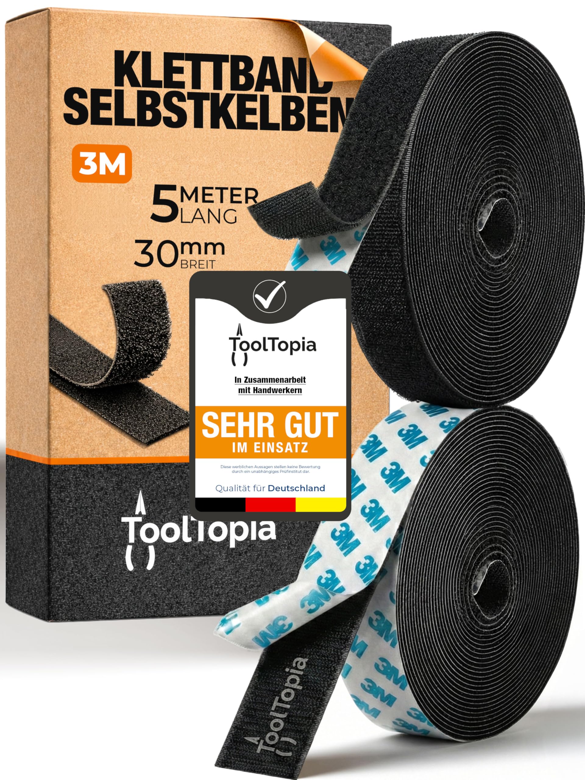 Klettband Selbstklebend Extra Stark Outdoor & Indoor 30mm x 5m schwarz (3M Markenkleber), Klett I Klettverschluss Klebeband, Tape für DIY, Basteln, Haushalt, Nähen...ToolTopia Handwerksqualität