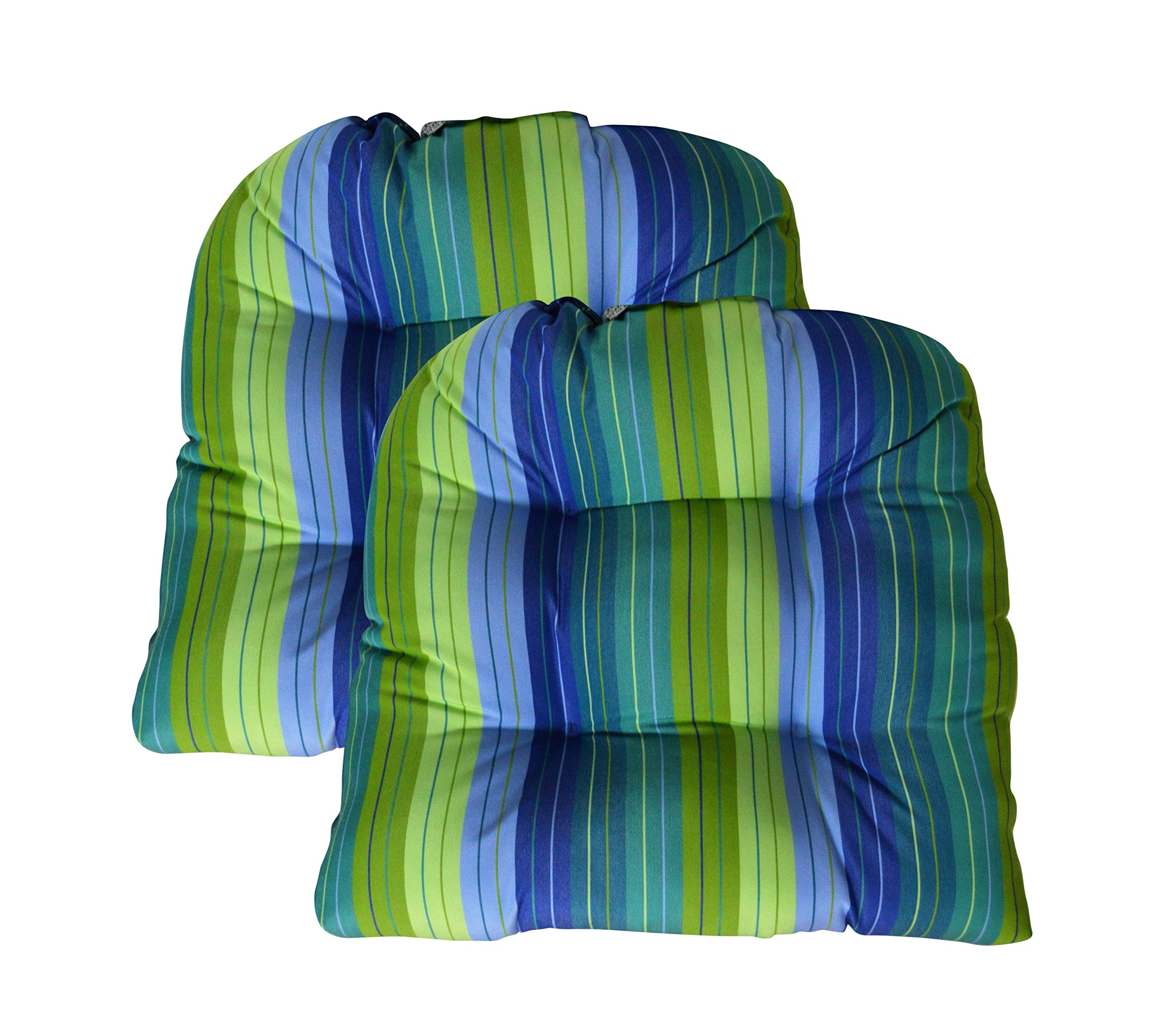 RSH DECOR Sunbrella® Seville Seaside Large 2 Piece Wicker Chair Cushion Set - Indoor/Outdoor 2 Matching Wicker Chair Cushions - Periwinkle Blue, Turquoise, & Olive/Lime Green Stripes