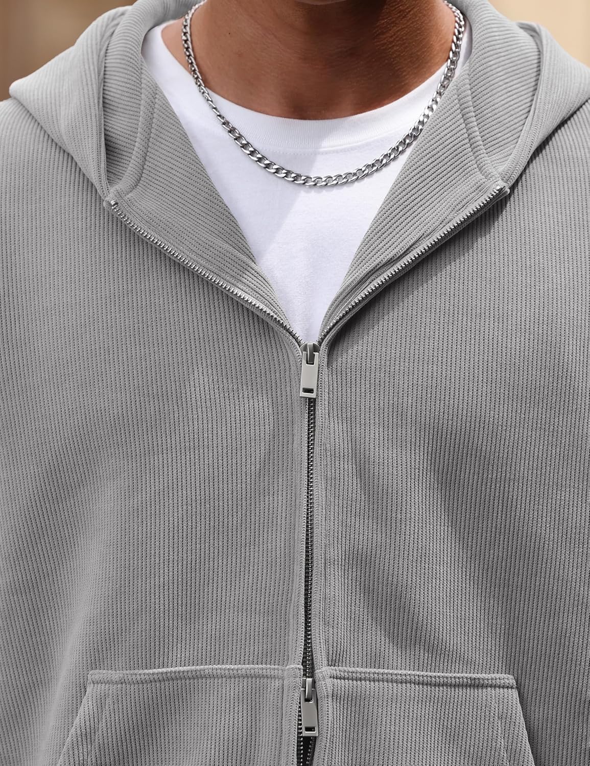 Mens Cropped Zip up Hoodie Jacket Corduroy Heavyweight Double Zipper Sweatshirts (S-XXL) - Image 7