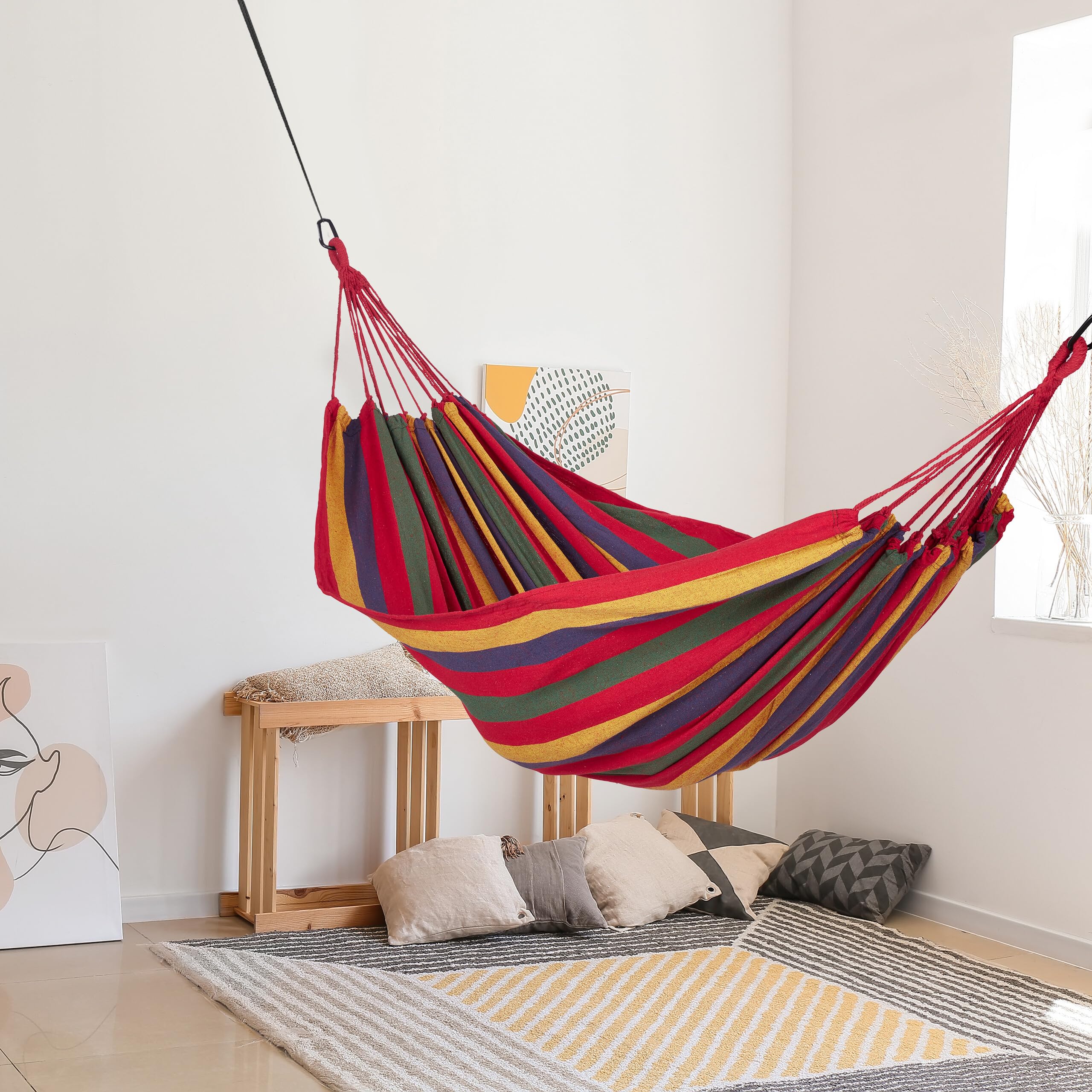 Relaxdays Hamac, Sac, matériel de Fixation, Charge Max. : 150 kg, LP : 270 x 150 cm, intérieur et extérieur, Multicolore