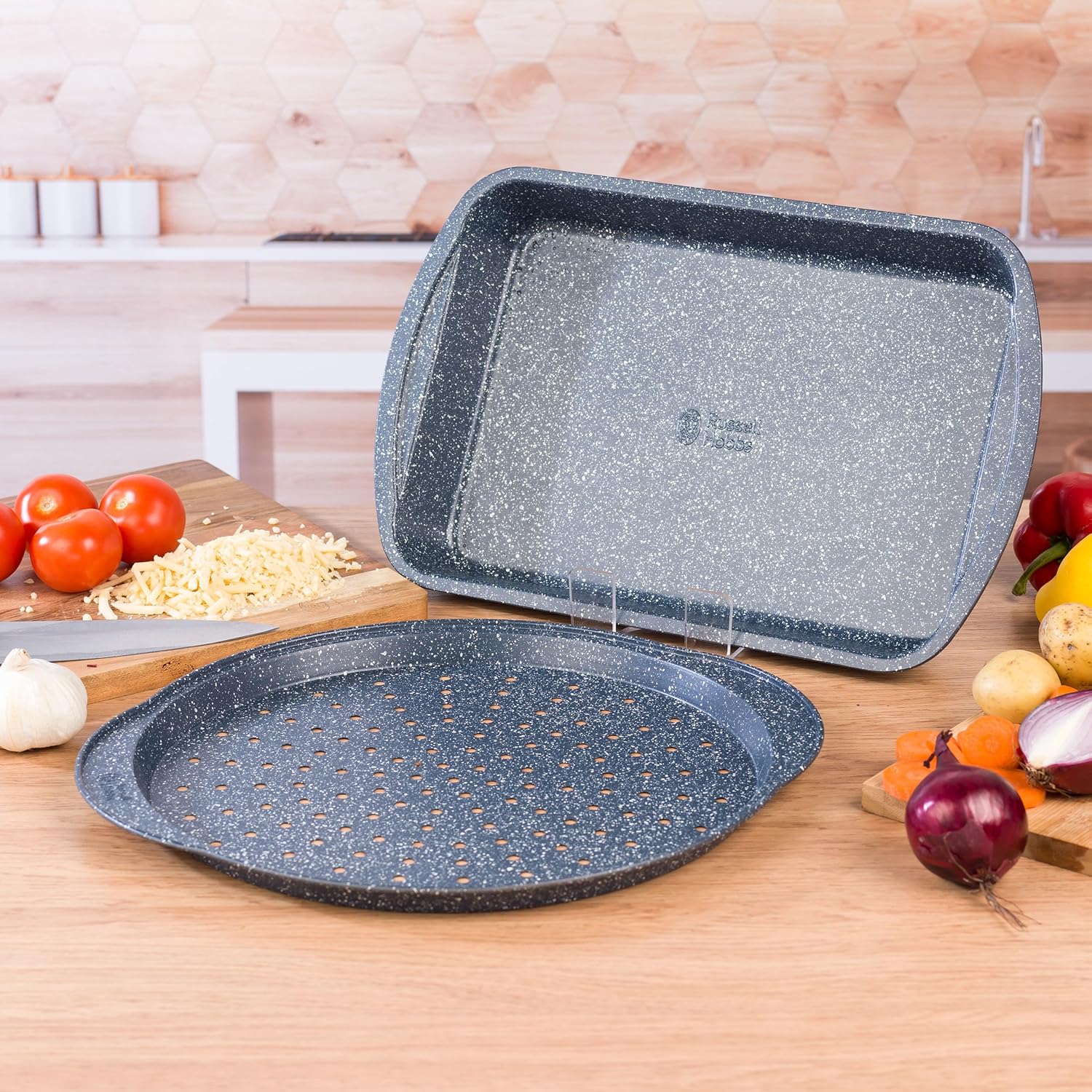 Russell Hobbs COMBO-5440 Pizza Roasting Tin Set, Non-Stick Oven Trays, Perforated Baking Pan with Deep Roaster, Carbon Steel, 2 Piece, Nightfall Stone Collection, Blue Marble, 37/38 cm