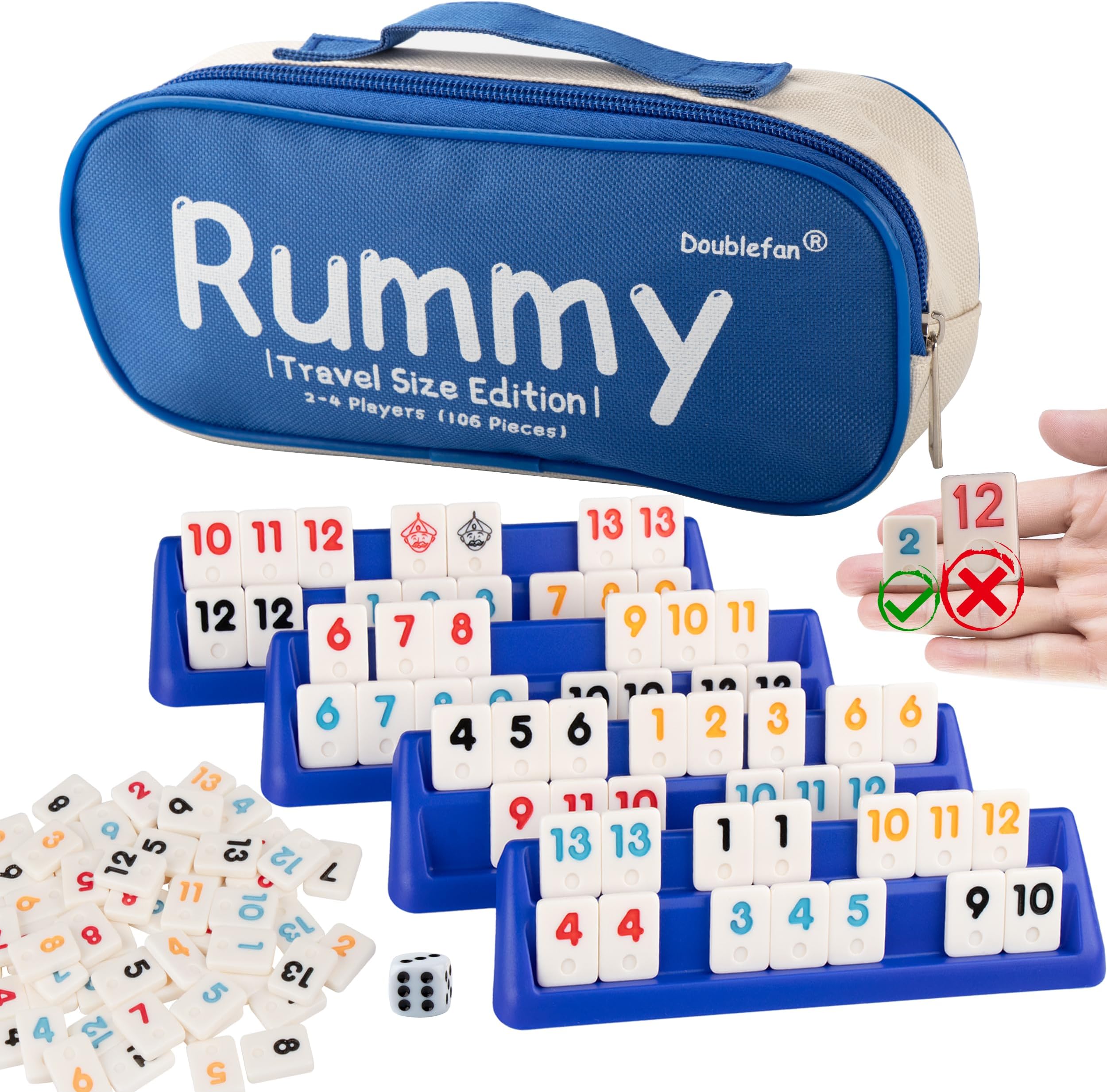 Mini Rummy Cube Set, Mini Size Rummy Game with Portable Bag, Small Travel Game for Adult and Kids,106 Tiles, 4 Playing Rack, 1 Dice (2-4 Players)