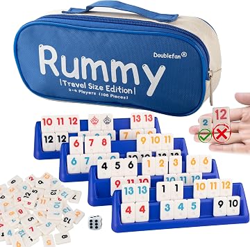 Doublefan Mini Rummy Cube Set, Mini Size Rummy Game with Portable Bag, Small Travel Game for Adult and Kids,106 Tiles, 4 Playing Rack, 1 Dice 2-4 Players | 4 playing racks, 2 jokers,106 Color Tiles,Portable carry bag, Travel game for adluts,kids and family,Festival Gift choice