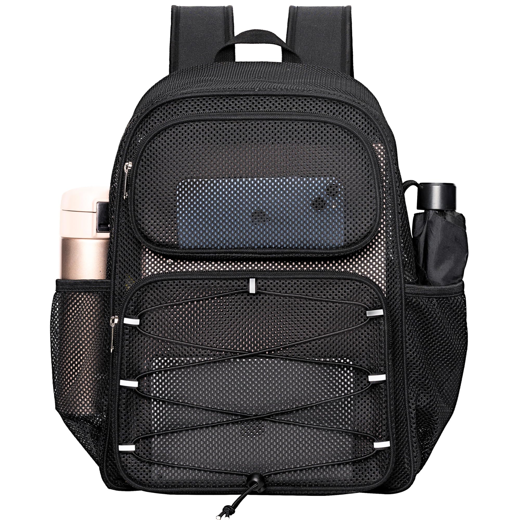 Bagenius Heavy Duty Mesh Backpack, 30L See Through Large Capacity Beach Bag | Padded Strap, Breathable Semi-Transparent Backpack for Sports, Hiking, Outdoor, Daypack for Men Women, Black-30L