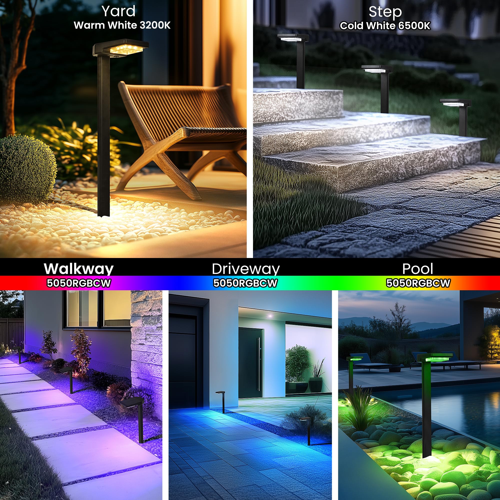 AUDERWIN Lot de 6 lampes solaires d'extérieur à changement de couleur intelligent avec modes 9 en 1 (blanc chaud/blanc froid/RVBC), éclairage paysager lumineux étanche pour allée, jardin, allée, cour