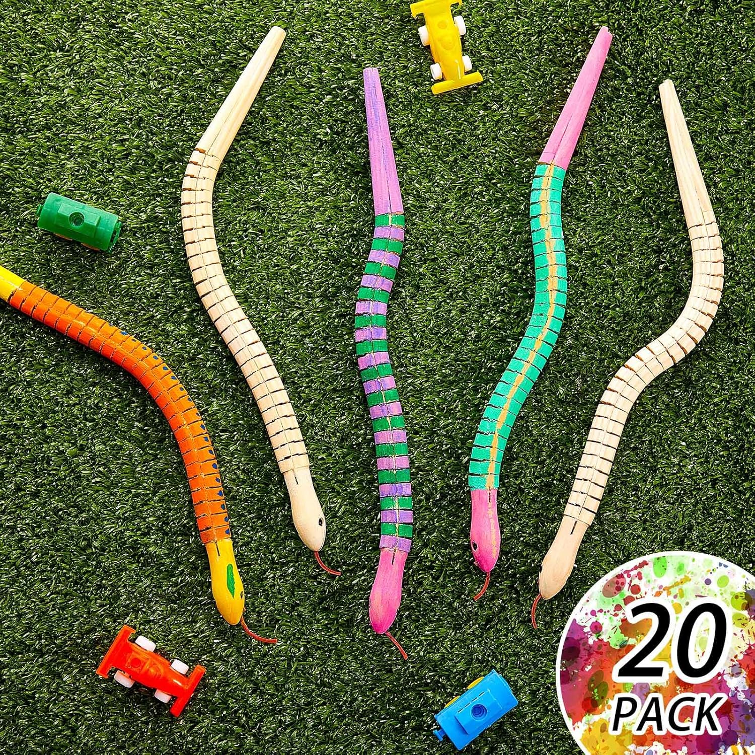 BBTO 20 Pieces Wooden Snake Bulk Jointed Flexible Unfinished Wooden Wiggly Snake with 12 Colors Acrylic Craft Paint and Paint Brush for Arts and Crafts Reptile Party Decoration