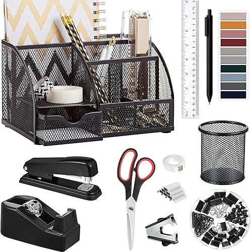 Suministros de accesorios de escritorio de oficina, 12 organizadores de escritorio y accesorios con dispensador de cinta y grapadora, grapas,