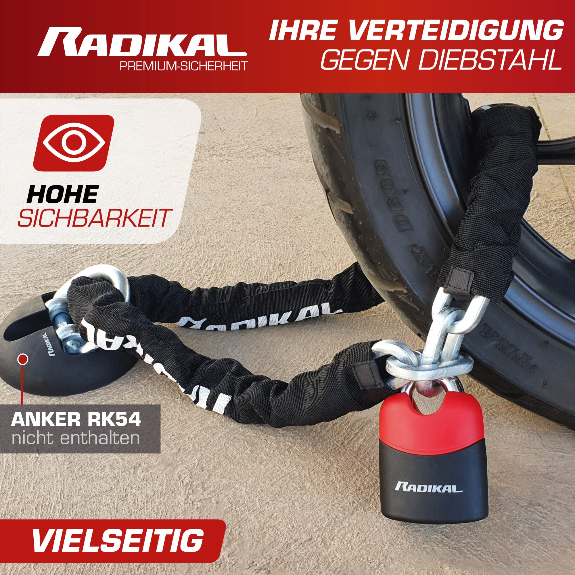 Radikal RK4170 Padlock and reinforced steel chain ø10, 170 cm with anti-theft protected arch Motorcycle, Scooter, Bike, Black
