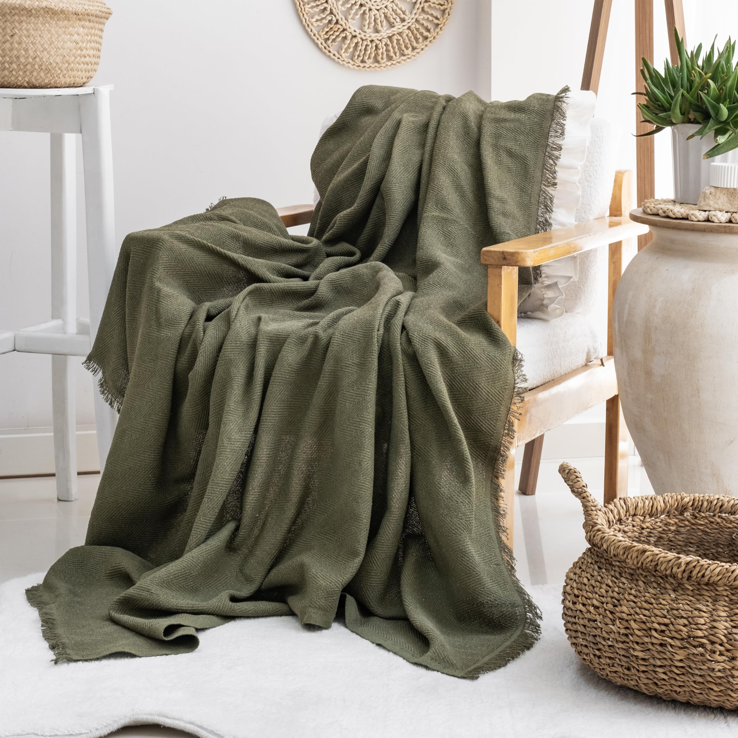 Cotton Throw Blanket | Soft Throws For Armchairs, Sofa, Settee | Single Bed Throw, Olive Green - 170 x 200