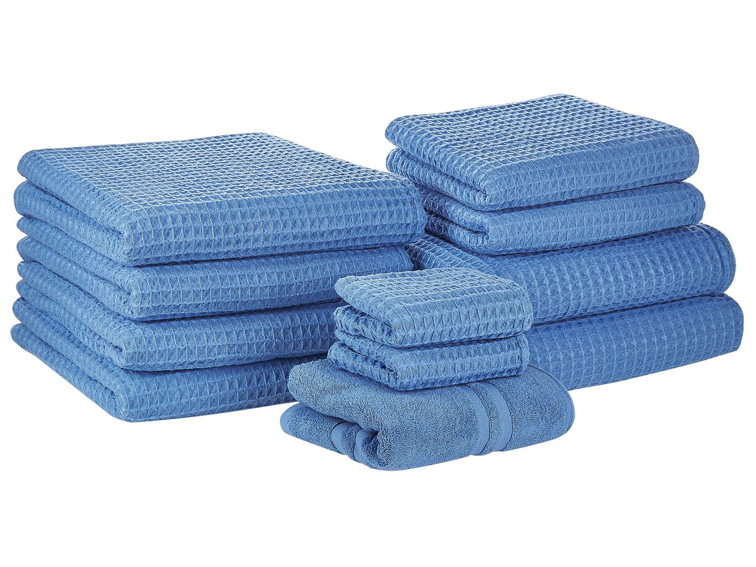 Beliani Conjunto de 11 Toallas Toalla de baño y Alfombrilla de baño de algodón Azul Low Twist para Invitados Areora